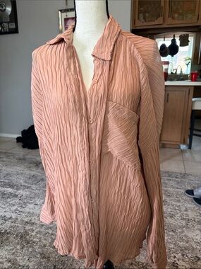 Pleated Long-Sleeve Button Front Blouse - Dusty Rose